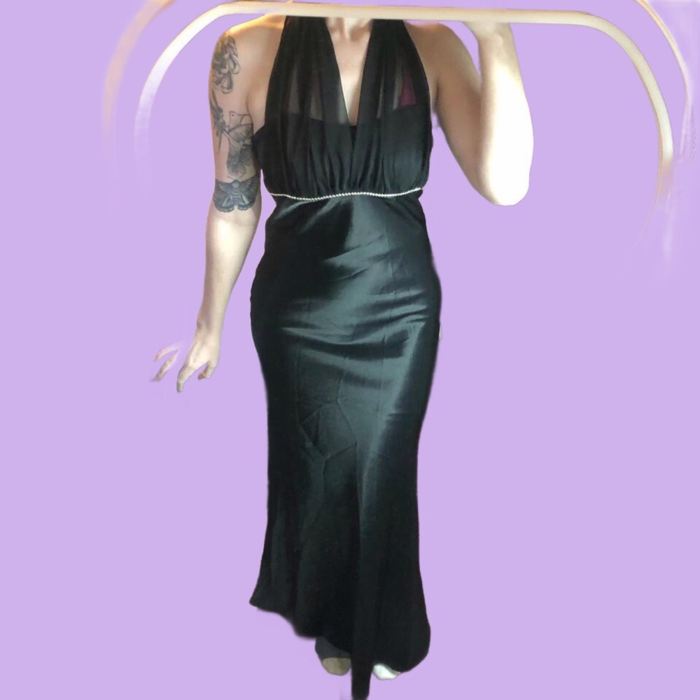 Black satin maxi dress with silver rhinestones & sheer halter neck